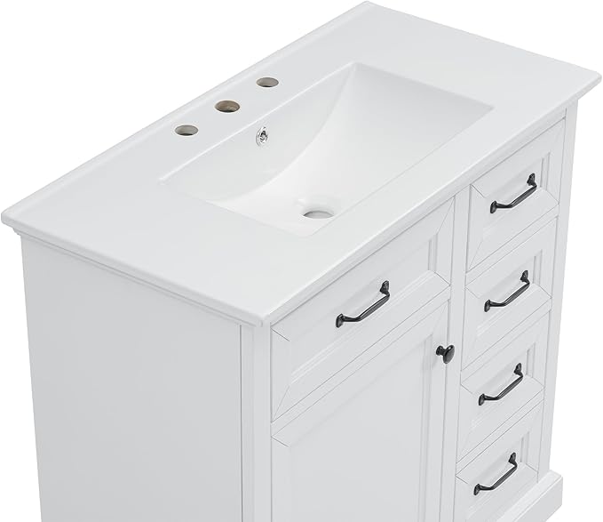 Christopher Knight Home 36" Bathroom Vanity with Ceramic Sink, Wooden Bathroom Vanity Organizer, Bathroom Storage Cabinet, Pedestal Sink Storage Cabinet, Adjustable Door Shelves+Drawer, White