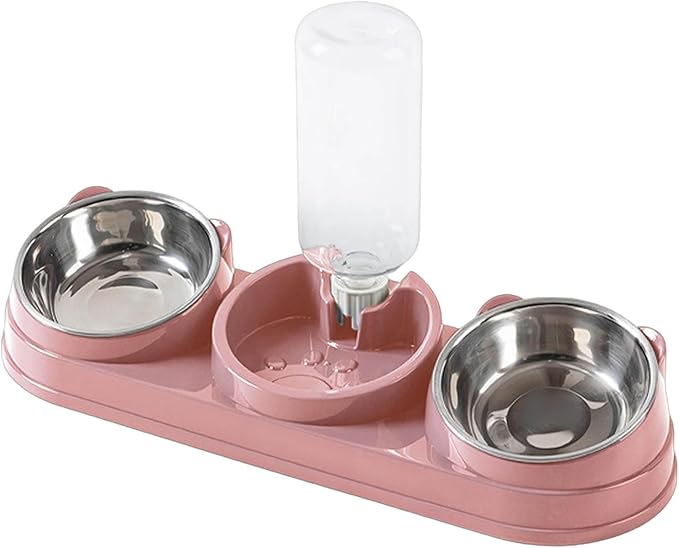 Elevated Cat Bowl Set, 15° Raised Cat Food and Water Bowl with Dispenser, Pet Dishes for Indoor Cats, Small Medium Dogs & Rabbit Feeding, Anti-Vomiting, Slow Feeder (Pink)