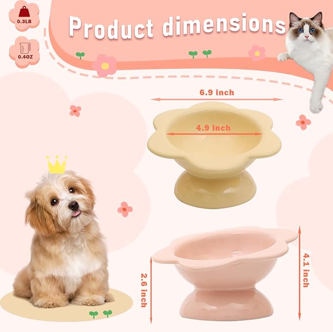 2 Pcs Ceramic Raised Cat Bowls Flower 7 oz Tilted Elevated Cat Food Bowl Cat Dishes for Anti Vomiting Protecting Spine Pet Feeder Water Bowl for Cat Kitten