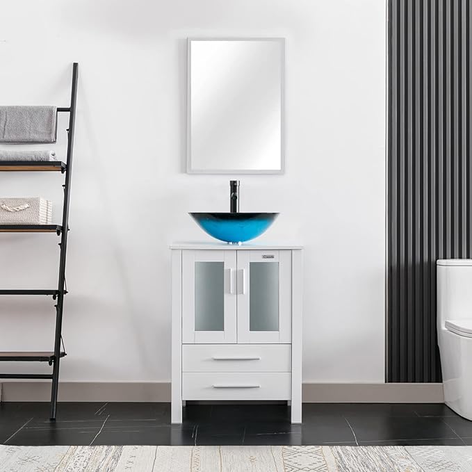 eclife 24" Modern Bathroom Vanity Sink Combo Freestanding Cabinet with Soft Closing Door, Turquoise Square Glass Vessel Sink, Water Save Faucet, Drain (White+A10)