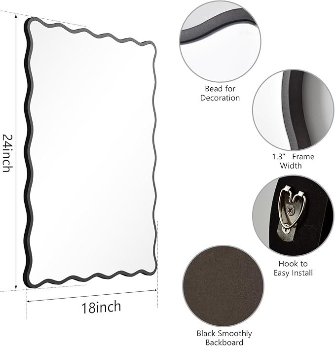 Rectangle Wavy Wall Mirror for Bathroom,18"x24" Black Scalloped Wood Frame Vanity Mirror Decorative for Bedroom Living Room Home House Office Entryway