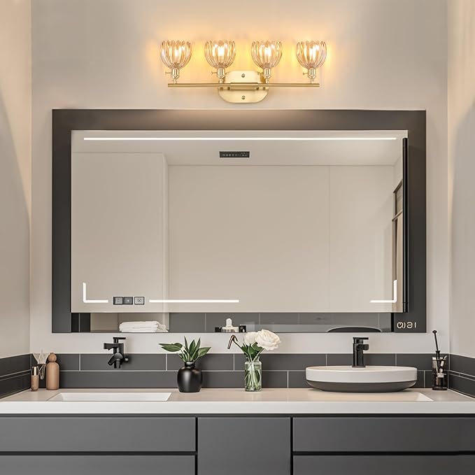 Bathroom Light Fixtures, 4-Light Brass Vanity Wall Light Over Mirror with Amber Tulip Glass Shade for Bedroom Living Room (Bulb Not Included)