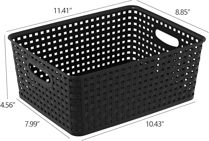 4 Packs Woven Plastic Storage Baskets, Plastic Basets Medium, Black