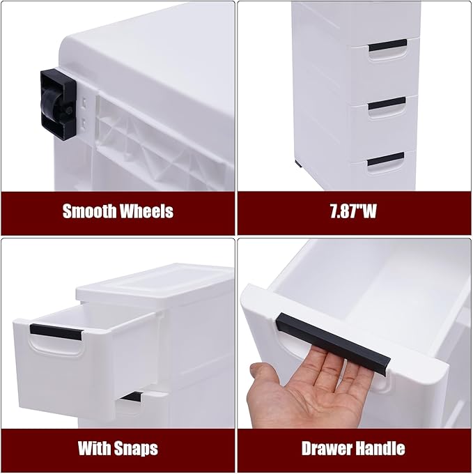5 Drawers Narrow Slim Plastic Storage Cabinet,Storage Drawer with 4 Wheels,5 Tier Drawers Dresser,White
