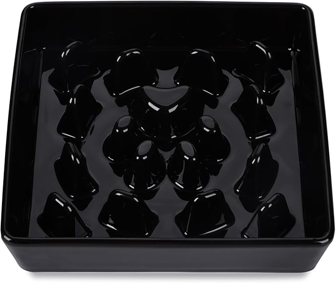 Square Slow Feeder Dog Bowls, Ceramic Fun Slow Eater Bowl for Small Medium Breed (Black)