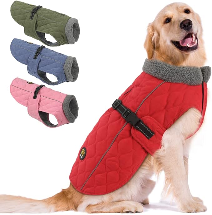 Winter Dog Coats, Warm Fleece Doggie Coat for Small, Medium and Large Dogs, Adjustable Dog Jacket Winter with Nylon Buckle, Reflective Safety Cold Weather Coats for Dogs, Red M