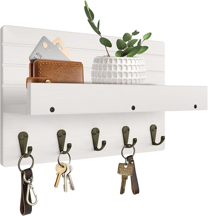 Key Holder for Wall, House Decor Mail Organizer Wall Mounted with Shelf & 5 Hooks for Hanging Dog Leash, Sunglasses, Hats, Rustic Key Rack Apartment Eseentials Wooden Key Hanger