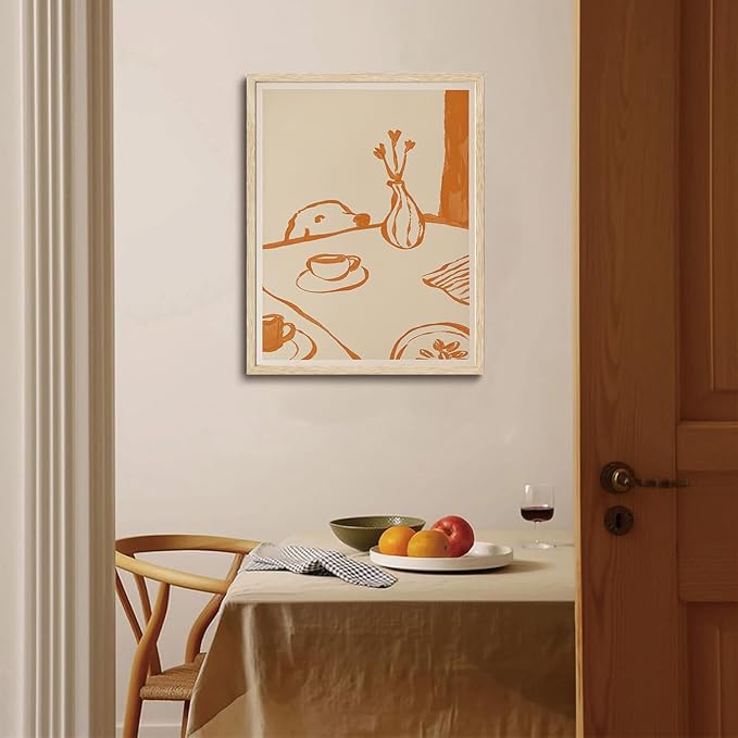 XJYISUO Framed Wall Art Funky Dog Wall Decor Coffee Canvas Art Minimalist Animal Pictures Warm Paintings Modern Neutral Artwork for Kitchen Nursery Living Room
