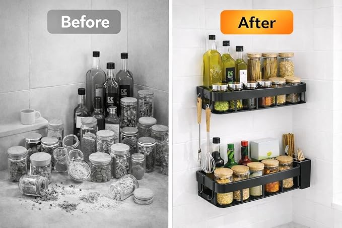 Spice Rack Wall Mount, Adhesive No Drill Wall Mounted Spice Rack for Kitchen & Pantry, 2 Pack Plastic Organizer with Metal Base and Hooks, Renter Friendly