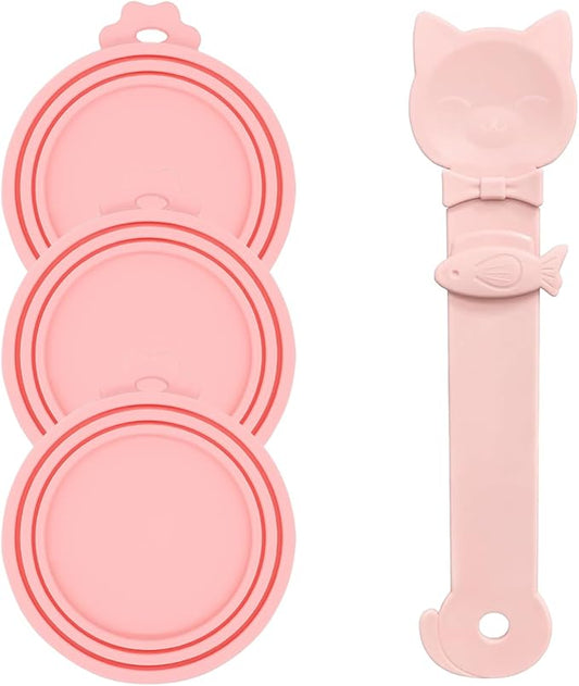 Cat Treat Spoon & 3 Pcs Can Lids | Cat Strip Feeder Squeeze for Liquid Snack | Universal Silicone Pet Can Covers BPA Free | Waste-Free Lickable Treat Feeder(Pink)