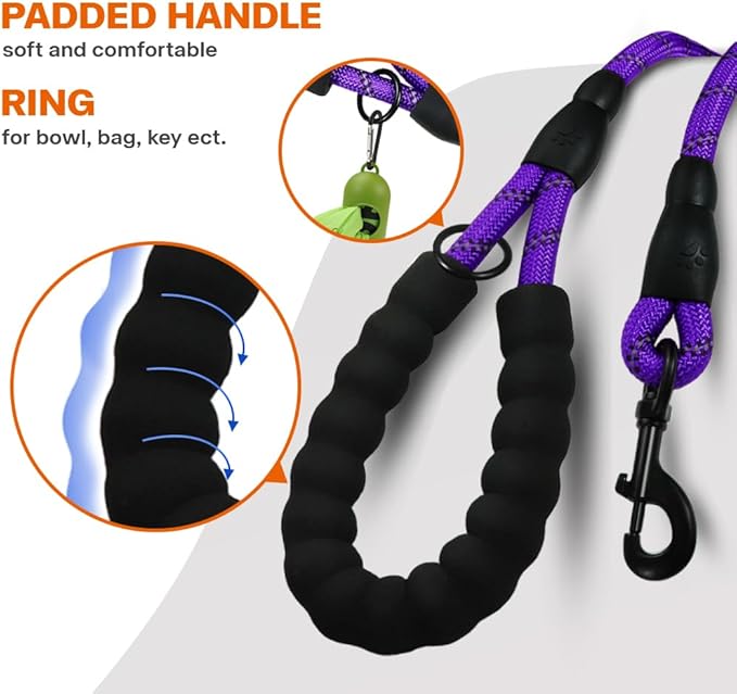Taglory Rope Dog Leash 4 FT with Comfortable Padded Handle, Highly Reflective Threads Leash for Medium Large Dogs, 1/2 inch, Purple