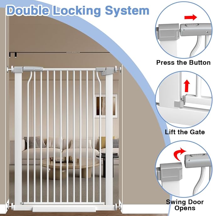 40.55" Extra Tall Baby Gate for Stairs-29.6"-34" Wide 1.37" Ultra Narrow Spacing Extra Wide Pet Cat Gate Dog Gate-Auto-Close Pressure Mounted Dog Door for Pets and Kids,White