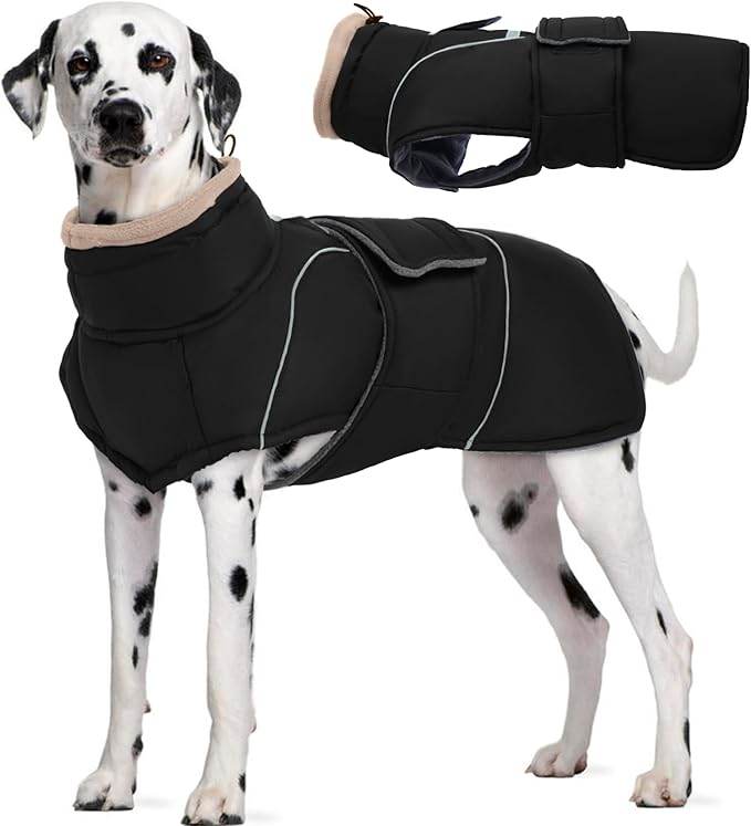 Black Dog Coat Waterproof Dog Coats for Large Dogs Warm Pets Clothes for Cold Weather Windproof Jacket with Fleece Lined Thick Winter Puffer Coat Soft Pet Sweater with Leash Hole