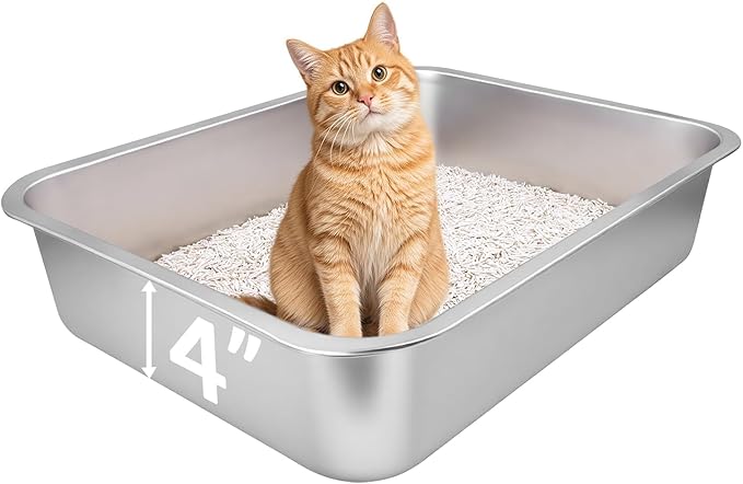 Small Stainless Steel Litter Box, 17.5"×13.6"×4" Metal Litter Box Low Side Easy Entry, Rust-Proof, Non Stick, No Smell, Easy to Clean for Kittens, Elderly Cats, Rabbits
