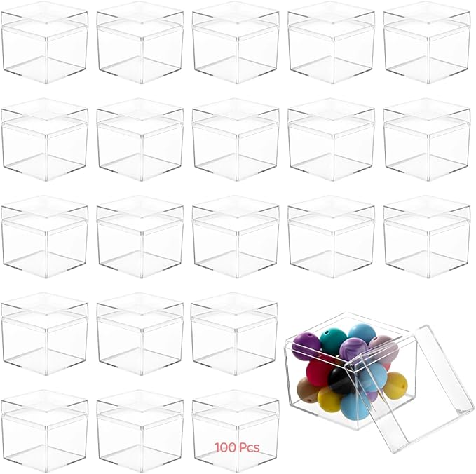 50 Pcs Acrylic Boxes with Lids, 2×2×2" Mini Clear Candy Boxes, Square Transparent Display Cases, Stackable Storage Cubes, Small Containers for Wedding Favors, Jewelry, Treats