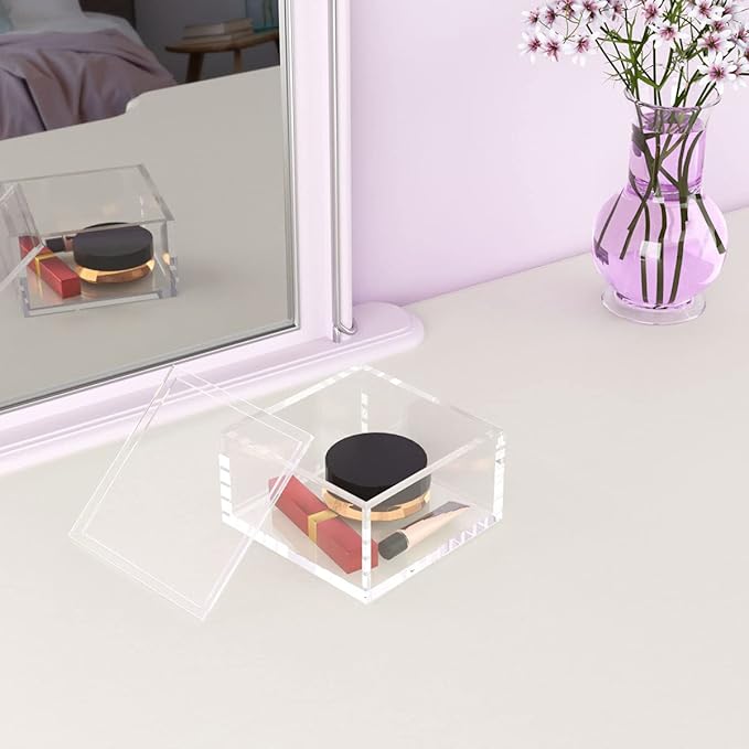 NIUBEE Acrylic Storage Box with Lids, 4‘’ Clear Mult-Purpose Box Square Stackable for Office, Home, Mini Cube Containers for Jewelry,Staples, Mini Toys