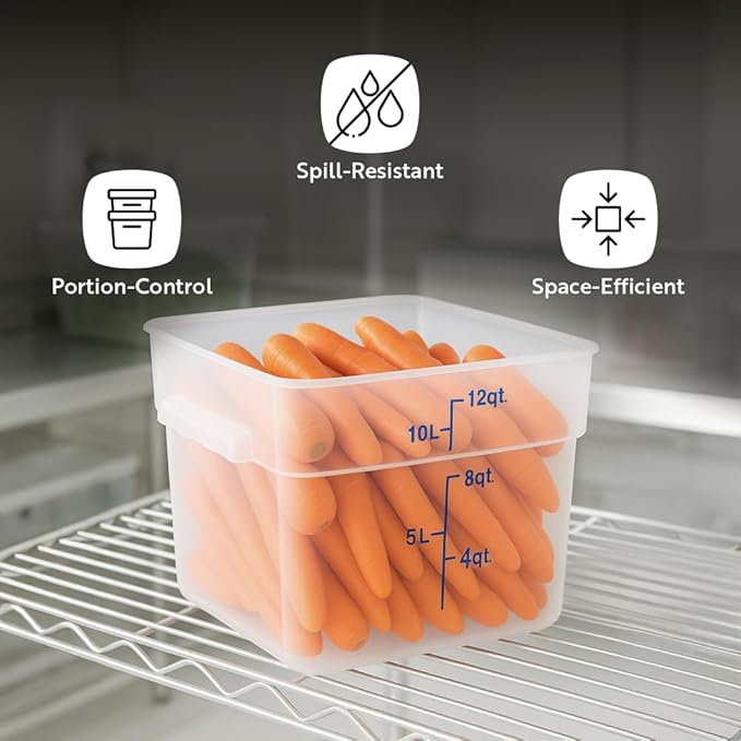 Restaurantware Food Storage Container 10 Pack of 6 qt Plastic Kitchen Storage Bin with Volume Markers Space-Efficient Design Dishwasher-Safe Polypropylene Translucent