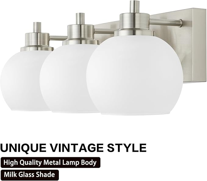 Tuscarora Bathroom Light Fixtures, Brushed Nickel Vanity Light 3 Light with Milk Glass Shade, Over Mirror Lighting for Bathroom