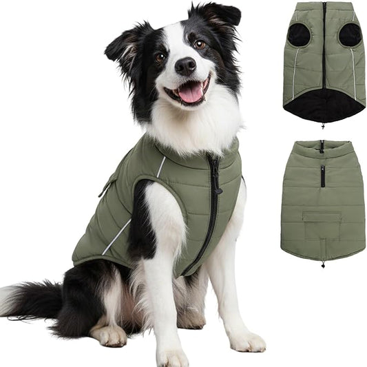 Dog Winter Coat - Waterproof Cold Weather Coat with Thick Padding, Windproof Dog's Snow Jacket with Neck & Tail Drawstrings, Reflective Puppy Jacket - Small Dog Coats, Olive Green XL