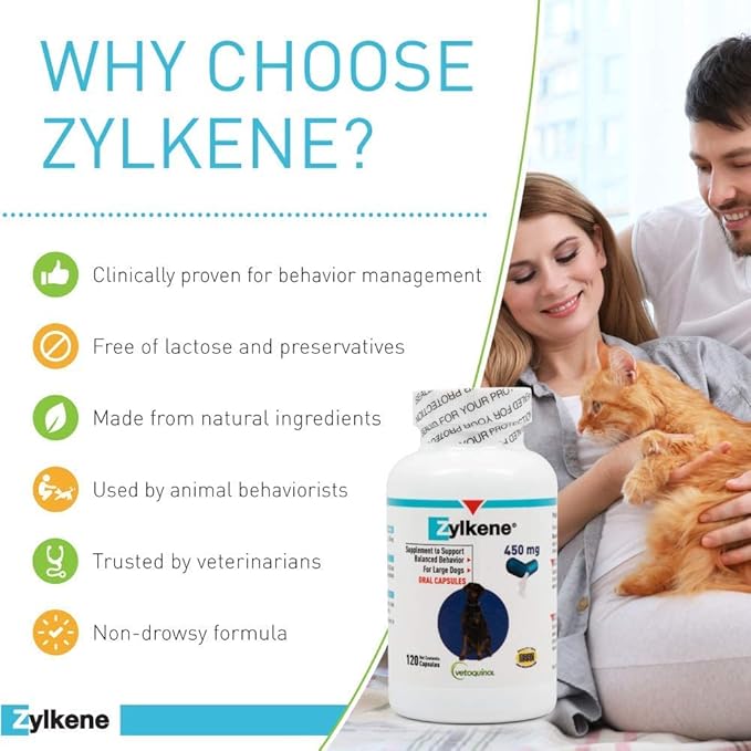 Vetoquinol Zylkene Calming Support Supplement for Large Dogs 33-132lbs, Helps Promote Relaxation and Reduce External Stress Factors, Daily Behavioral Support and Anxiety Relief for Dogs, 450mg
