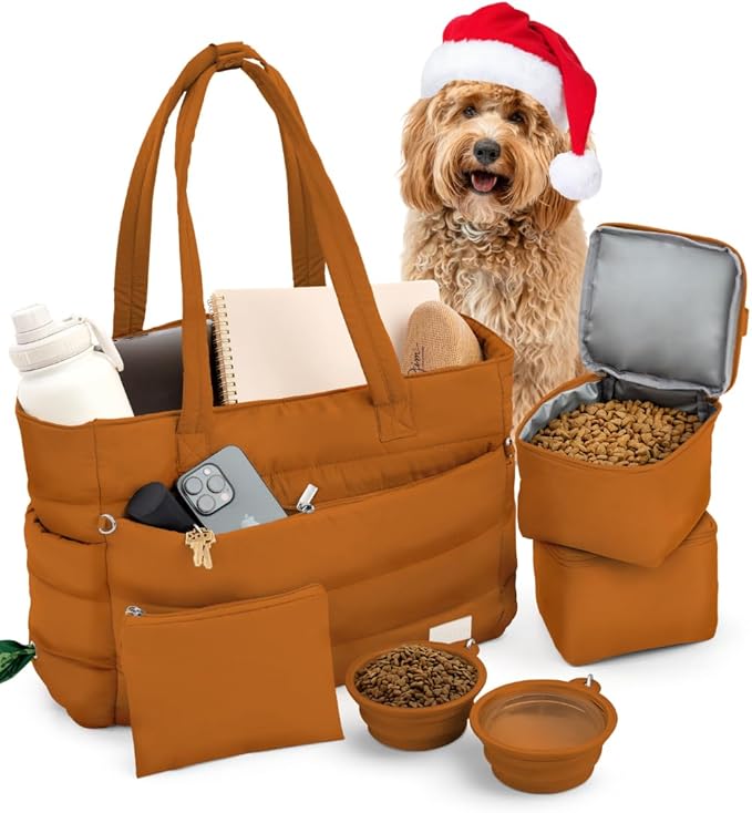 Puffer Dog Travel Bag for Dog Moms – Doggy Diaper Bag with Pet Bowls & Food Storage or Everyday Puffy Tote – Christmas Doggy Mom Gifts for Women – Lightweight, Travel-Ready Gift for Pet Lovers - Rust