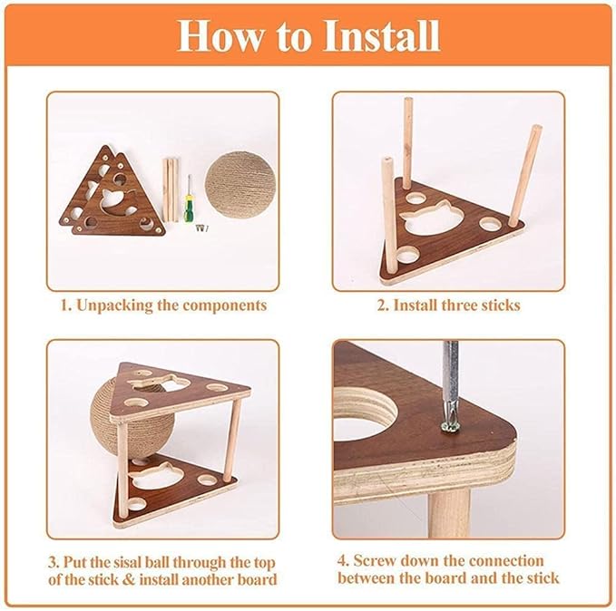 Cat Scratcher, Natural Sisal Rope Scratching Ball with Ball for Cats & Kittens, Interactive Solid Wood Pet Toy (Medium)