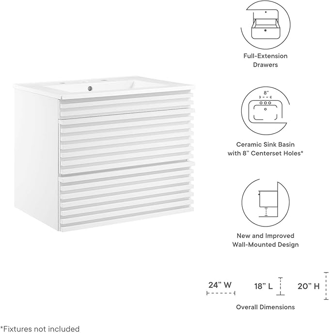 Modway Render 24" Wall-Mount Bathroom Vanity in White White