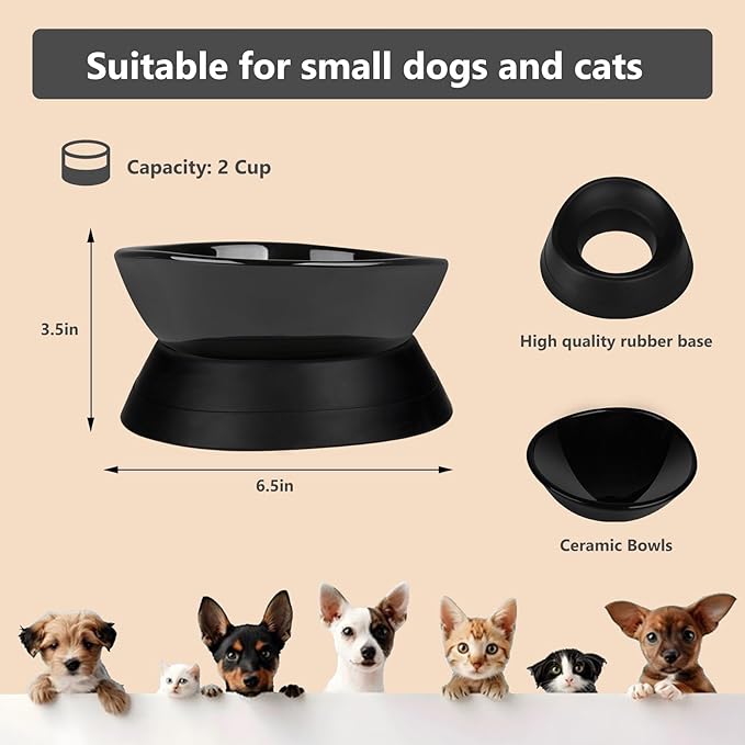 French Bulldog Food Bowl- Slanted Tilted Pug Food Water Bowl,Cat Bowl- Feeder for Frenchie/Shih Tzu/Flat Faced Small Dogs/Puppies/Cats (Black（Ceramic）, 2 Cup)