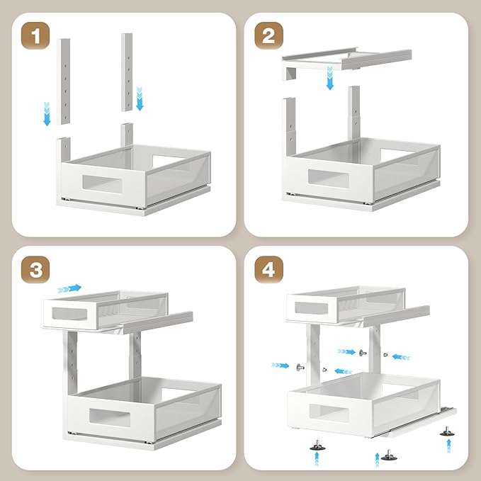 4 Pack Under Sink Organizer With Next-Gen Ball-Bearing Slides,2-Tier Precision Mesh Pull Out Cabinet Drawers Storage for Bathroom&Kitchen,Height Adjustable Shelf,Rust-resistant-White