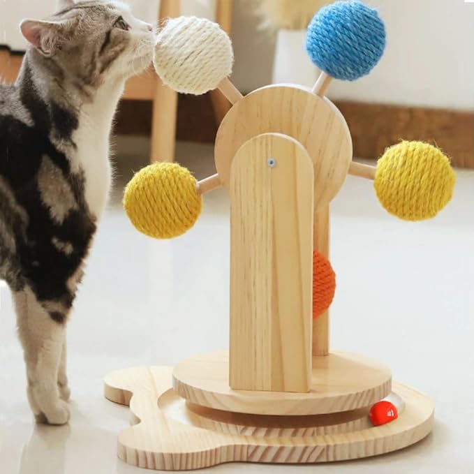 Solid Wood Turntable Toy,Ball Track Interactive cat Toy with Colourful Sisal Balls,Ferris Wheel Cat Toy with Rotating Platform and Durable Balls for Indoor cat