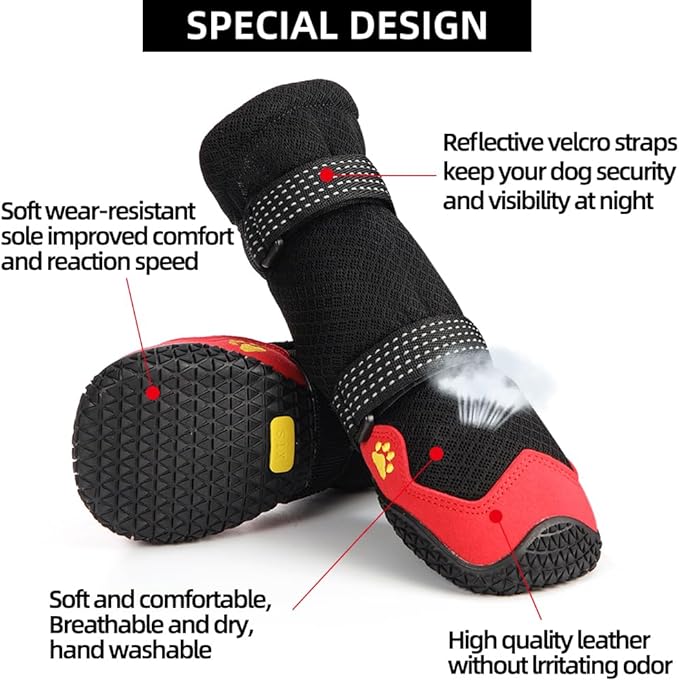 Dog Shoes for Hot Pavement Anti-Slip Dog Boots Waterproof Dog Shoes for Small to Large Dogs with Reflective Straps Pet Dog Boots for Hiking.4Pcs Soft Breathable Paw Protectors for Dogs