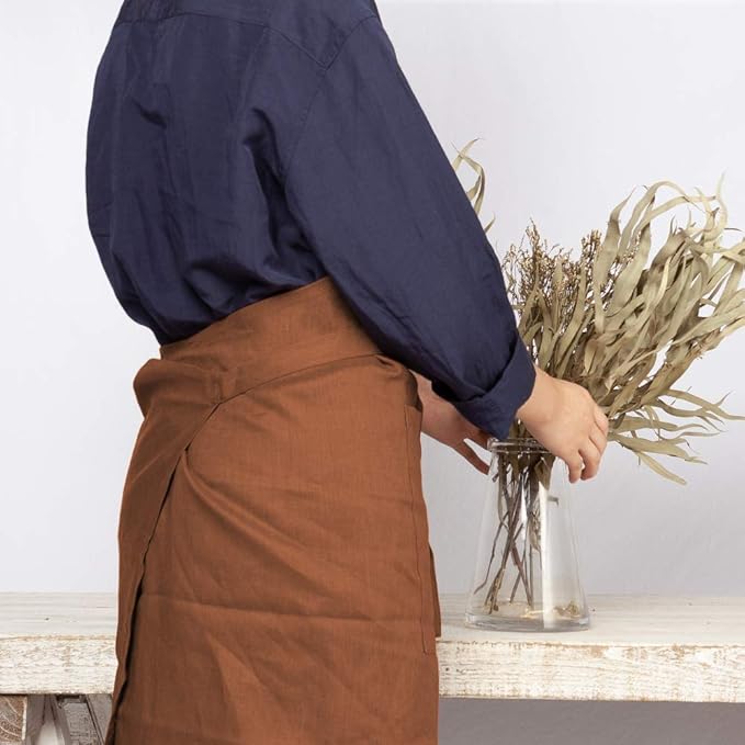 ATLINIA 100% Linen Apron with Buttons Adjustable Bib Apron with Pockets Linen Half Apron Bistro Apron