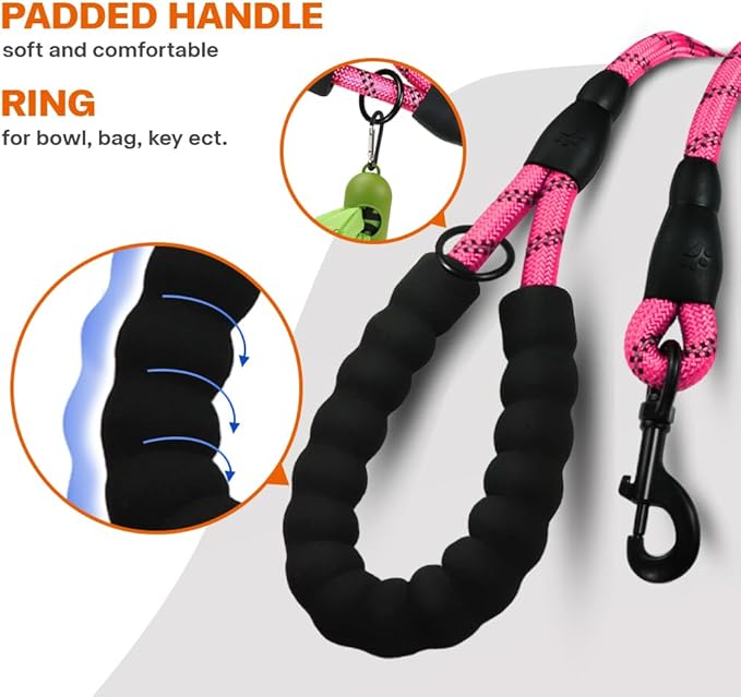 Taglory Rope Dog Leash 6 FT with Comfortable Padded Handle, Highly Reflective Threads Leash for Medium Large Dogs, 1/2 inch, Pink