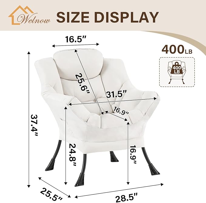 Welnow Lazy Chair for Living Room, Modern Reading Lounge Accent Chair with Armrests and a Side Pocket, Leisure Upholstered Lazy Sofa for Small Space, Bedroom, Dorm, Beige
