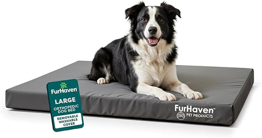 FurHaven Water-Resistant Orthopedic Dog Bed for Large Dogs, Oxford Polycanvas Mattress with Orthopedic Egg Crate Foam for Joint Support, Removable Washable Cover, Large, Stone Gray