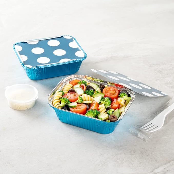 Restaurantware-12 Ounce Disposable Takeout Containers, 50 Rectangle Food Containers - With Polka Dot Lids, Blue Takeaway Containers, Aluminum Delivery Containers, Freezable
