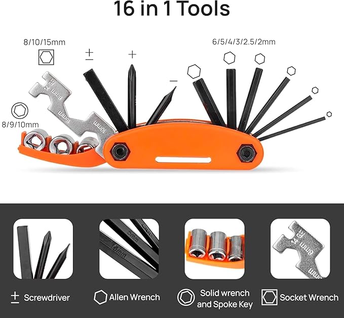Bicycle Repair Kit with Pump & LED Light — 16-in-1 Portable Bike Tool Bag, Glueless Patches, Multi-Tool & Wrench Set for Road, Mountain & Camping Rides