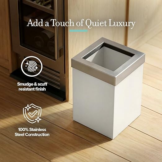 Gatco Small Bathroom Trash Can with Lid, Square 3 Gallon Stainless Steel Wastebasket, Under Sink, Matte Pearl and Satin Nickel, for Bathroom, Bedroom, Office (1935SN)