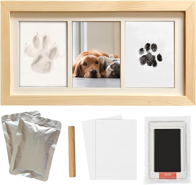 ZAPVLVT Paw Print Impression Kit for Dogs and Cats, 2 Clay, Large Ink Pad, Wooden Picture Frame, Pet Memorial Keepsake, Gift for Pet Owners & Lovers