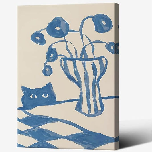 Funny Sneaky Cat Poster Scandi Animal Sketch Canvas Wall Art Blue Modern Abstract Flower Vase Aesthetic Prints Painting For Living Room Kitchen Dining Room Wall Decor 12x16in Wrapped Canvas