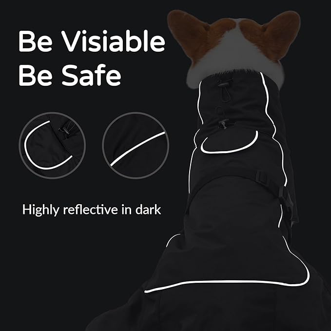Dog Winter Raincoat, Waterproof Warm Jacket with Velvet Lining for Cold Weather, Windproof Insulated Rain Coat with Reflective Strips for Big Dog (Black, Large)