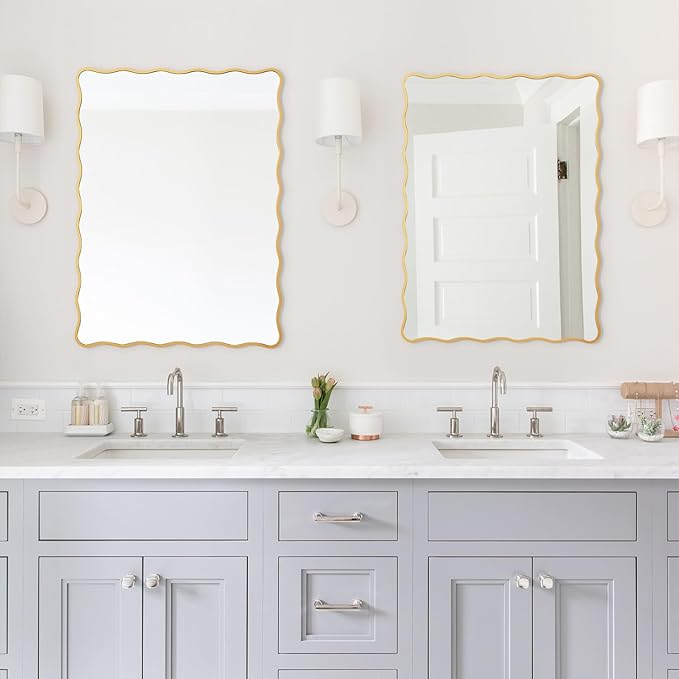 Rectangle Wavy Wall Mirror for Bathroom,28"x40" Gold Scalloped Wood Frame Vanity Mirror Decorative for Bedroom Living Room Home House Office Entryway