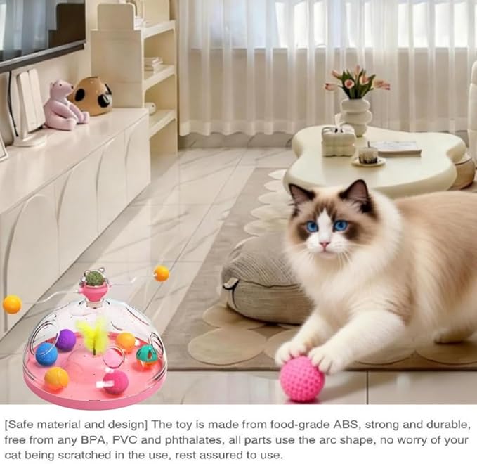 Interactive Cat Toys for Indoor Cats, Kitten Toys with Spinning Dome, Catnip Ball, Feathers & Rolling Balls - Spinning Teaser Toy for Outdoor Cats (Pink)