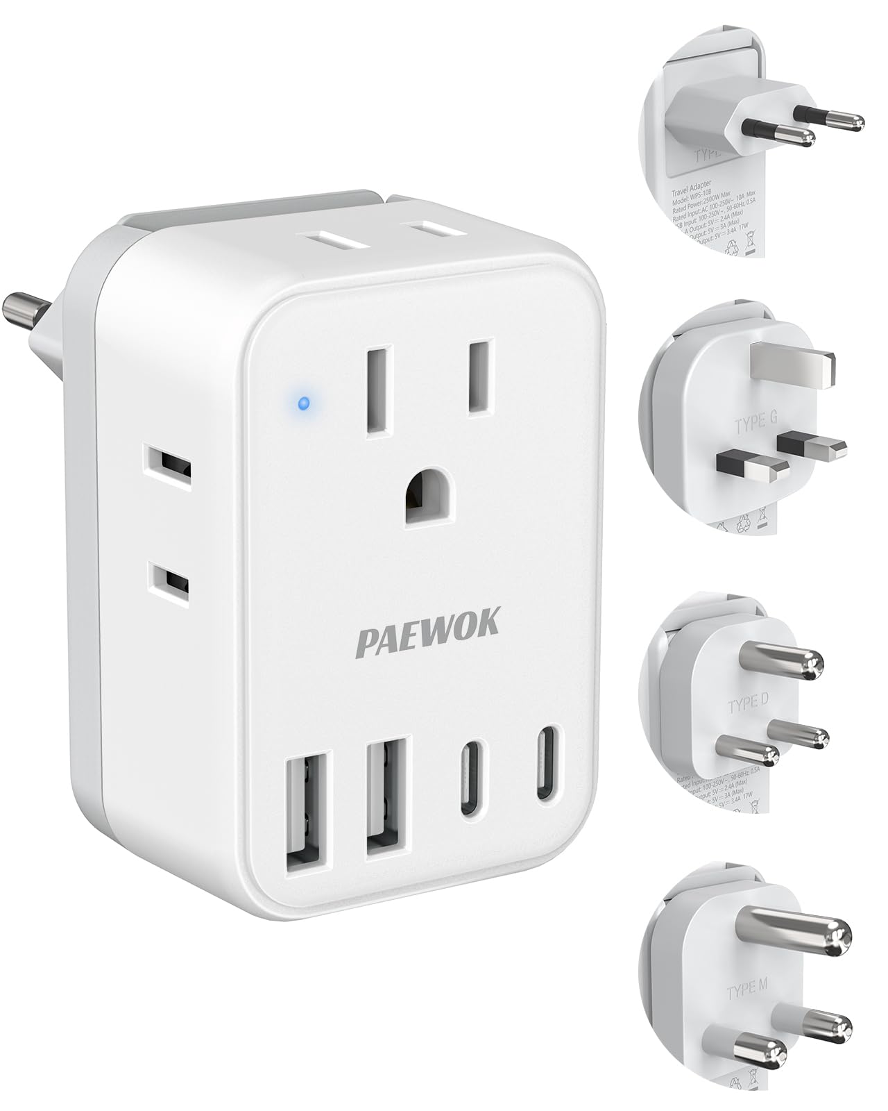 PAEWOK Travel Adapter Set with Type G/C/M/D Detachab - Image 1