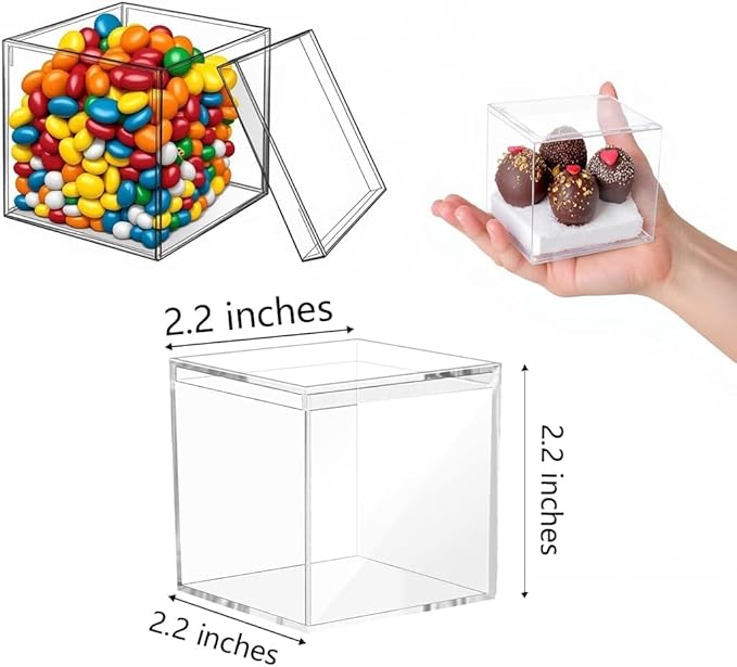 Clear Acrylic Boxes 2x2x2 Inch，Small acrylic gift box with Lid, Clear Square Cube Acrylic Candy Storage for Candy,Gift,Stackable Cube Container, Transparent Box Favor Boxes for Display