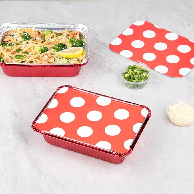 Restaurantware 16 Ounce Disposable Takeout Containers 50 Rectangle Food Containers - With Polka Dot Lids Red Takeaway Containers Aluminum Delivery Containers Freezable