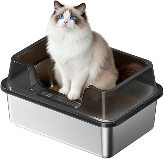 Enclosed Stainless Steel Cat Litter Box with Lid, XL Extra Large Litter Box for Big Cats, Metal Litter Pan High Sided, Never Absorbs Odors, Anti-Urine Leakage, Easy Cleaning, Include Scoop