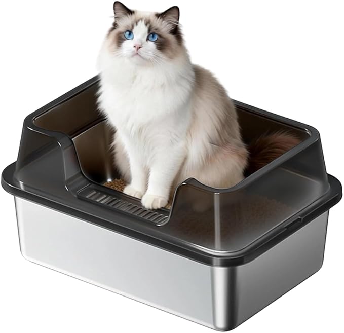 Enclosed Stainless Steel Cat Litter Box with Lid Extra Large Litter Box for Big Cats XL Metal Litter Pan Tray with High Wall Sides Enclosure, Non-Sticky, Anti-Leakage, Easy Cleaning