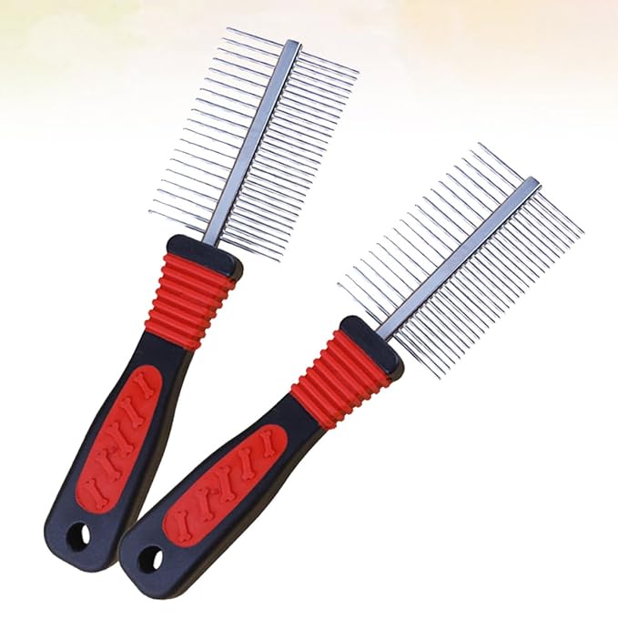 2Pcs Double-Row Stainless Steel Pet Cleaning Comb Set for Dogs and Puppies, Sturdy Dog Grooming Tool for Hair Detangling and Shedding Control, Suitable for Professional and Home