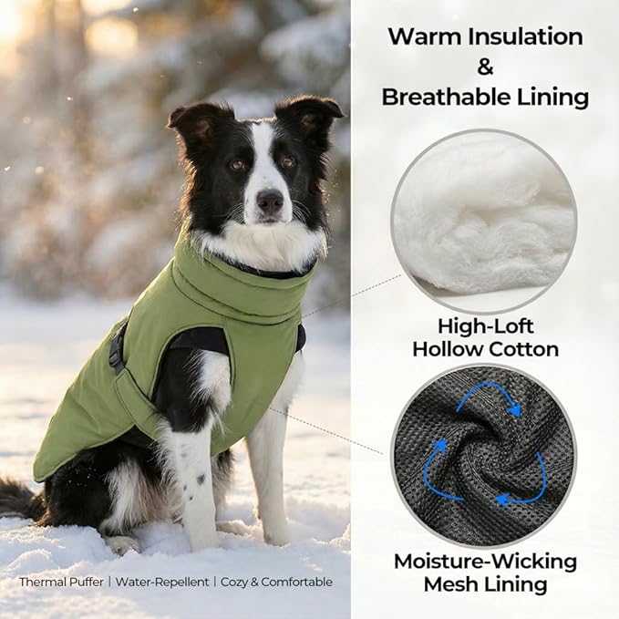 Puffer Dog Winter Coat for Rain and Snow, Water-Repellent and Windproof Jacket Keeps Dogs Warm and Dry, High Collar and Harness Opening Design, Ideal Dog Stocking Stuffer (Green, X-Small)